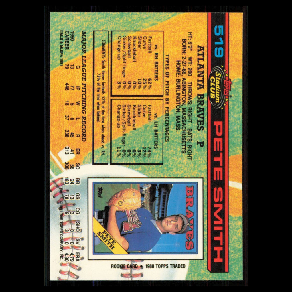 Pete Smith #519 1991 Topps Stadium Club Atlanta Braves Baseball Card MLB NM