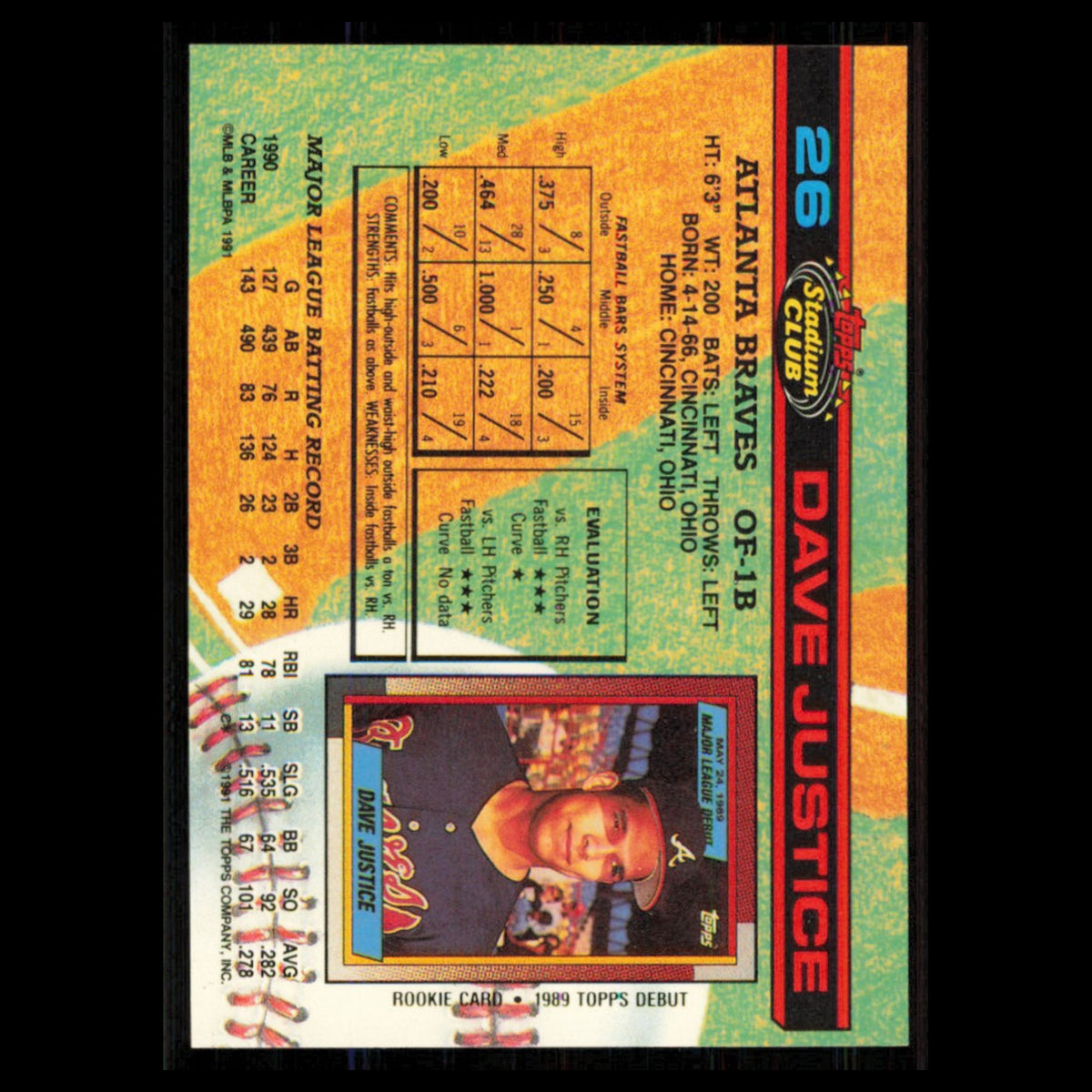 Dave Justice #26 1991 Topps Stadium Club Atlanta Braves Baseball Card MLB NM