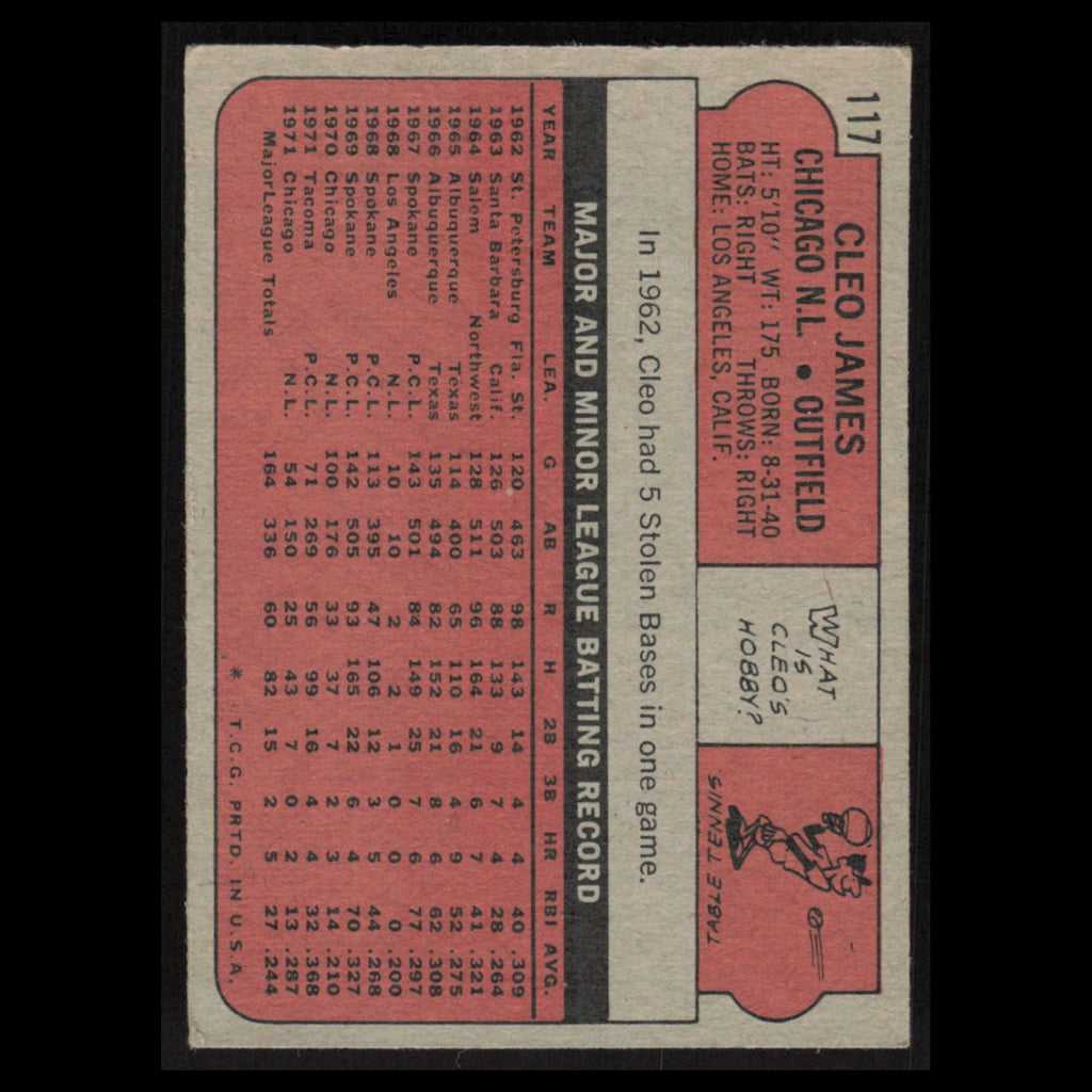 Cleo James Rookie #117 1972 Topps Chicago Cubs Baseball Card MLB EX