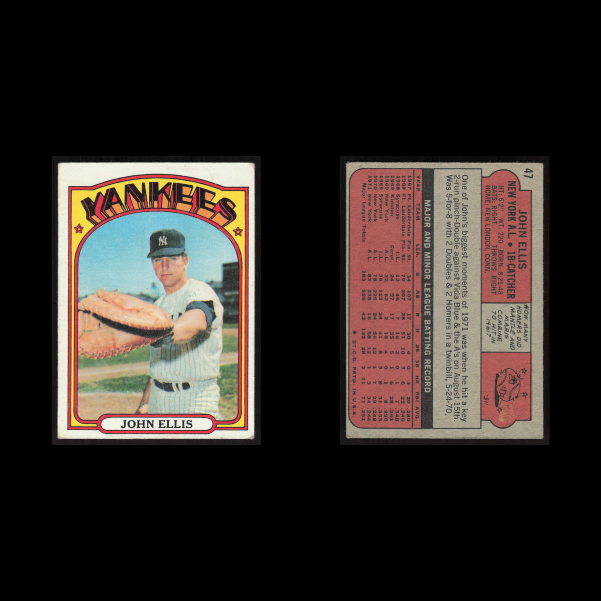 John Ellis #47 1972 Topps New York Yankees Baseball Card MLB EX