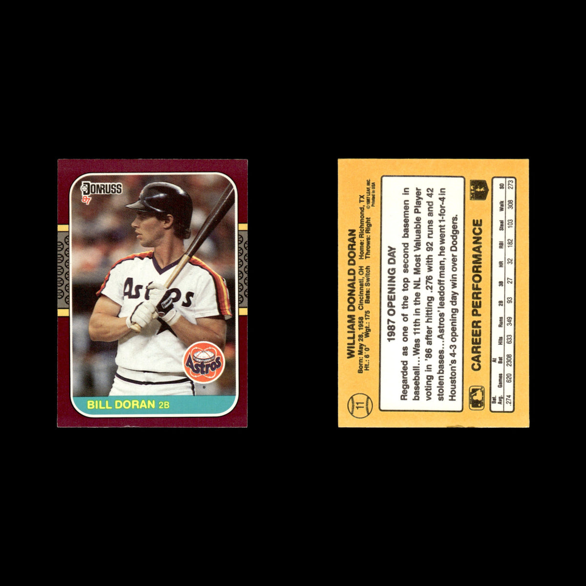 Bill Doran #11 1987 Donruss Opening Day Houston Astros Baseball Card MLB NM