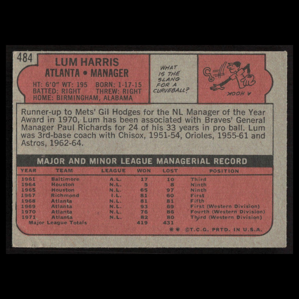 Lum Harris #484 1972 Topps Atlanta Braves Baseball Card MLB EX
