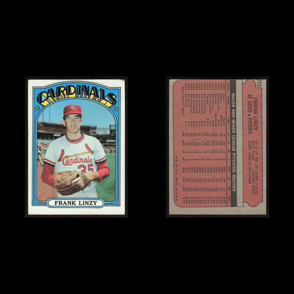 Frank Linzy #243 1972 Topps St. Louis Cardinals Baseball Card MLB EX