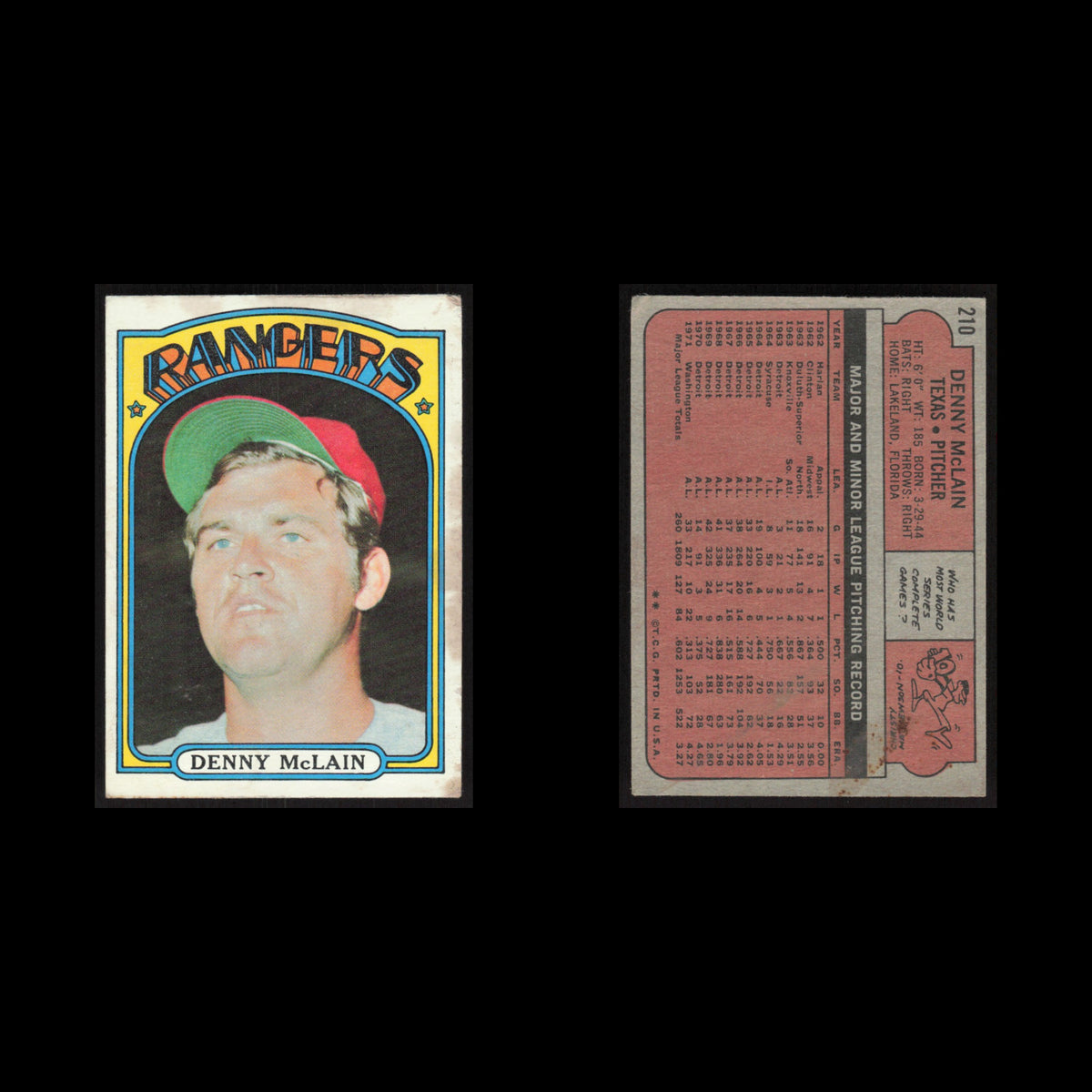 Denny McLain #210 1972 Topps Texas Rangers Baseball Card MLB EX