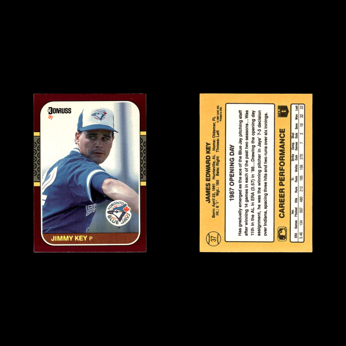 Jimmy Key #37 1987 Donruss Opening Day Toronto Blue Jays Baseball Card MLB NM