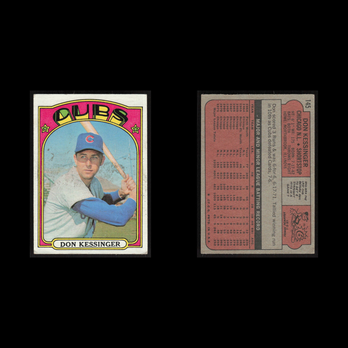 Don Kessinger #145 1972 Topps Chicago Cubs Baseball Card MLB EX