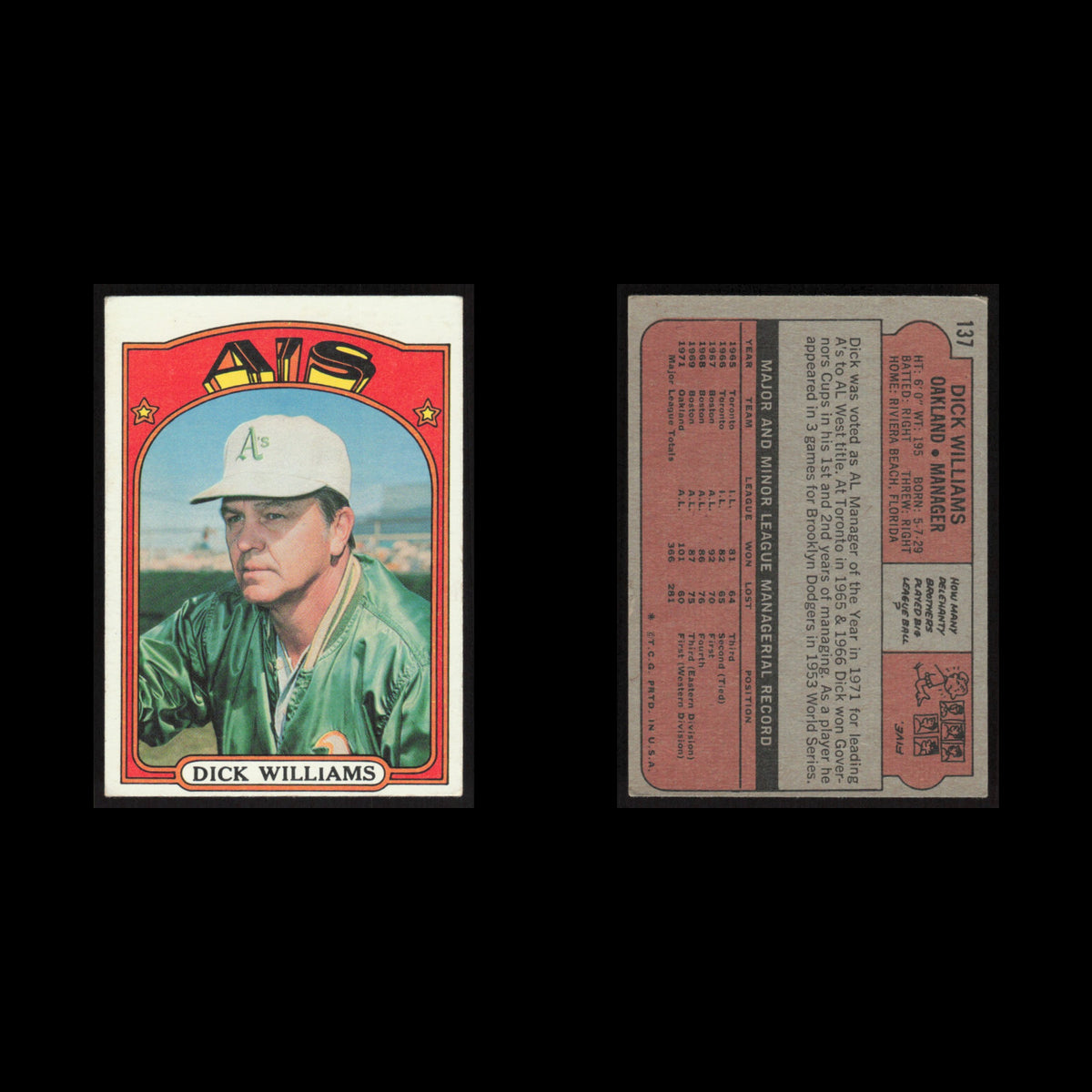 Dick Williams #137 1972 Topps Oakland Athletics Baseball Card MLB EX