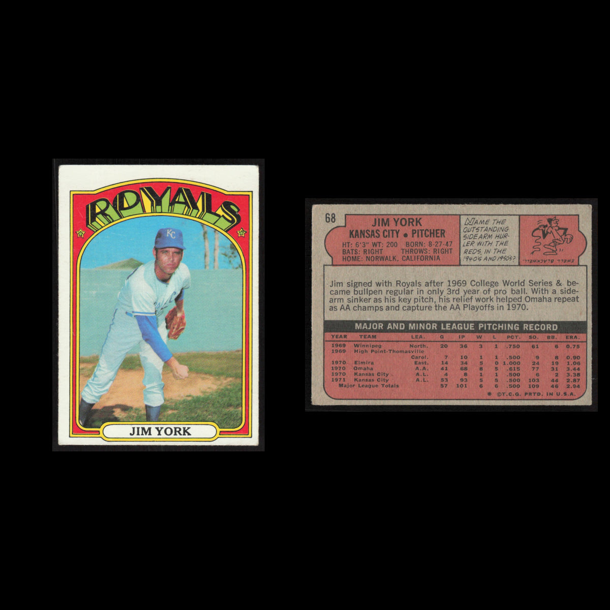 Jim York Rookie #68 1972 Topps Kansas City Royals Baseball Card MLB EX