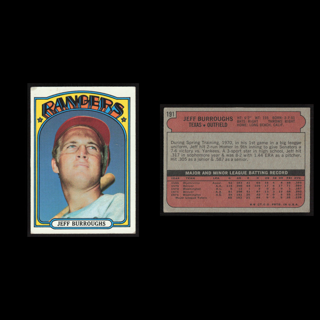 Jeff Burroughs Rookie #191 1972 Topps Texas Rangers Baseball Card MLB EX