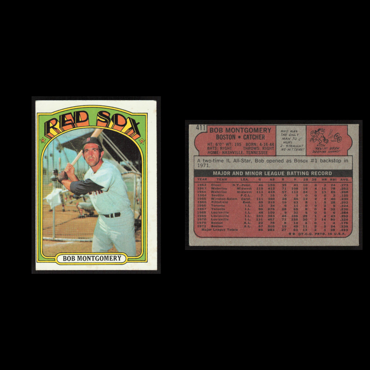 Bob Montgomery #411 1972 Topps Boston Red Sox Baseball Card MLB EX