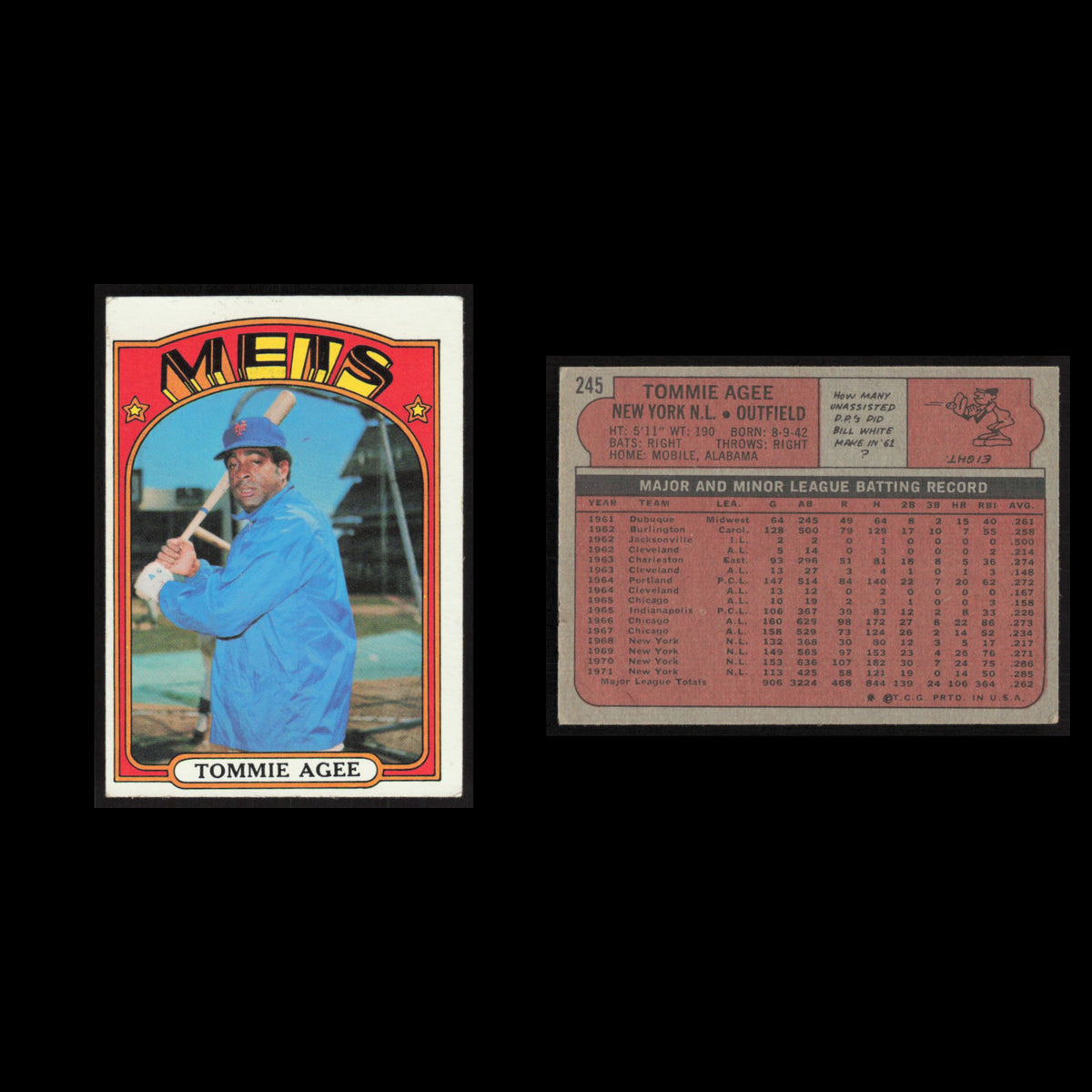 Tommie Agee #245 1972 Topps New York Mets Baseball Card MLB EX