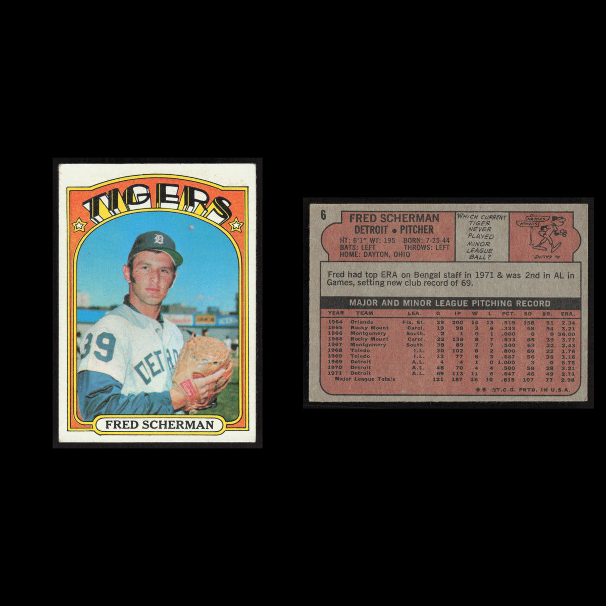 Fred Scherman #6 1972 Topps Detroit Tigers Baseball Card MLB EX