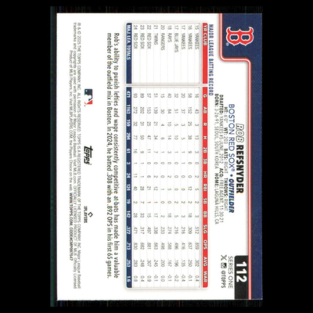 Rob Refsnyder #112 2025 Topps Boston Red Sox Baseball Card MLB NM