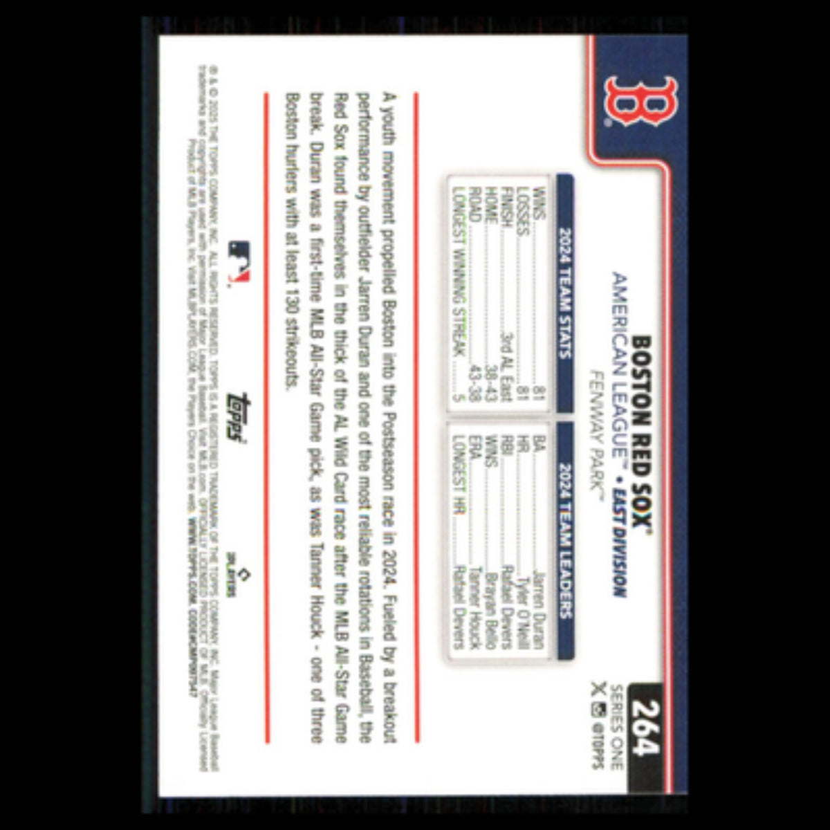 Team Card #264 2025 Topps Boston Red Sox Baseball Card MLB NM