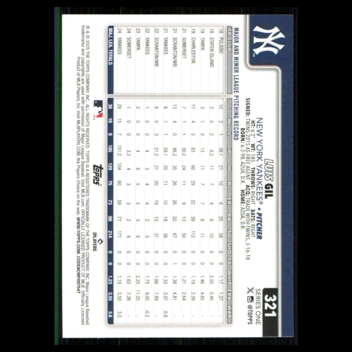 Luis Gil #321 2025 Topps New York Yankees Baseball Card MLB NM