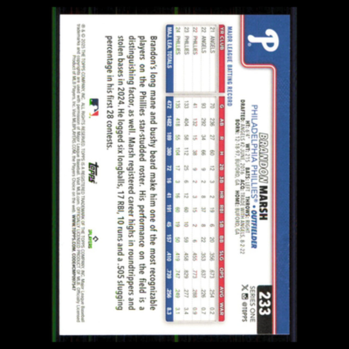 Brandon Marsh #233 2025 Topps Philadelphia Phillies Baseball Card MLB NM