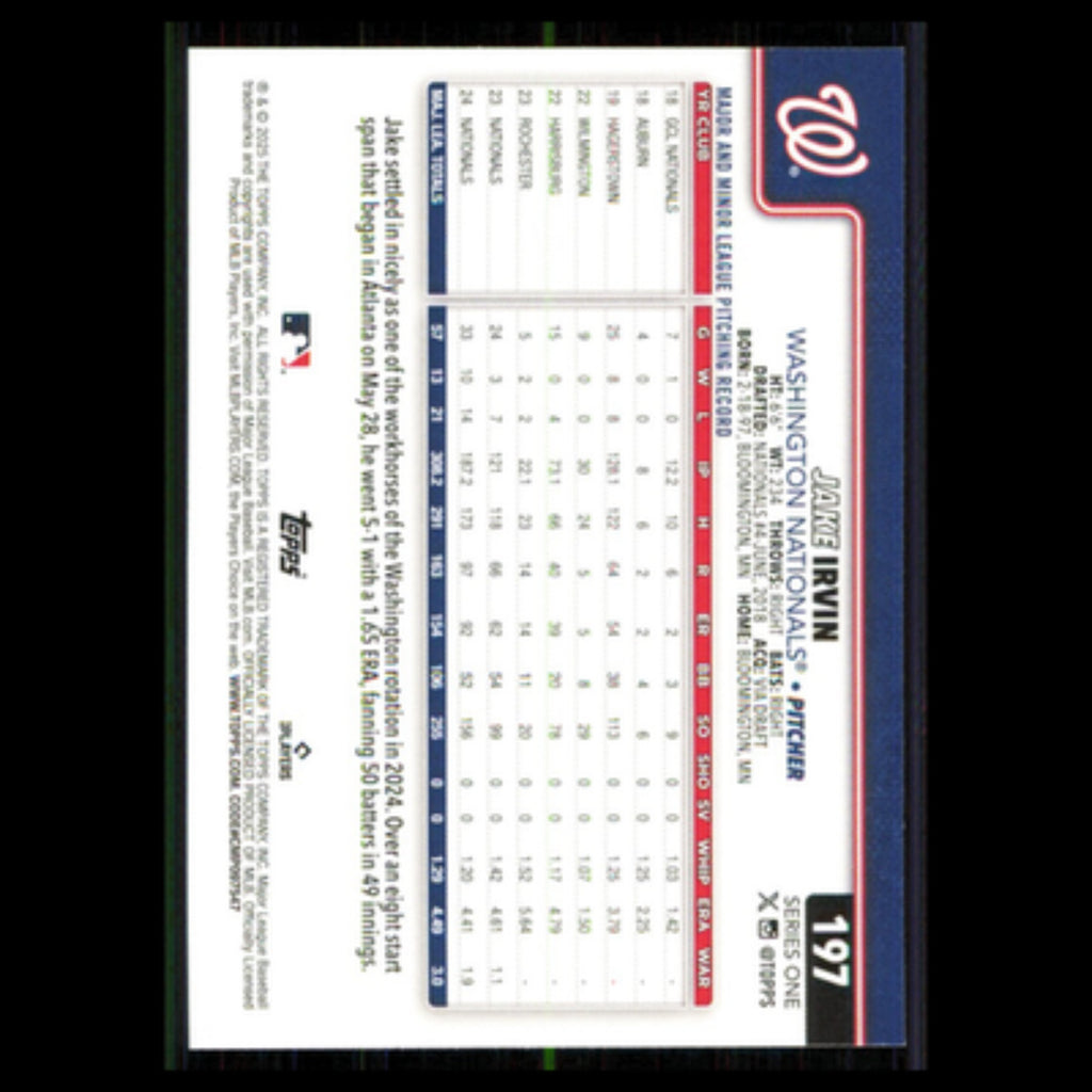 Jake Irvin #197 2025 Topps Washington Nationals Baseball Card MLB NM