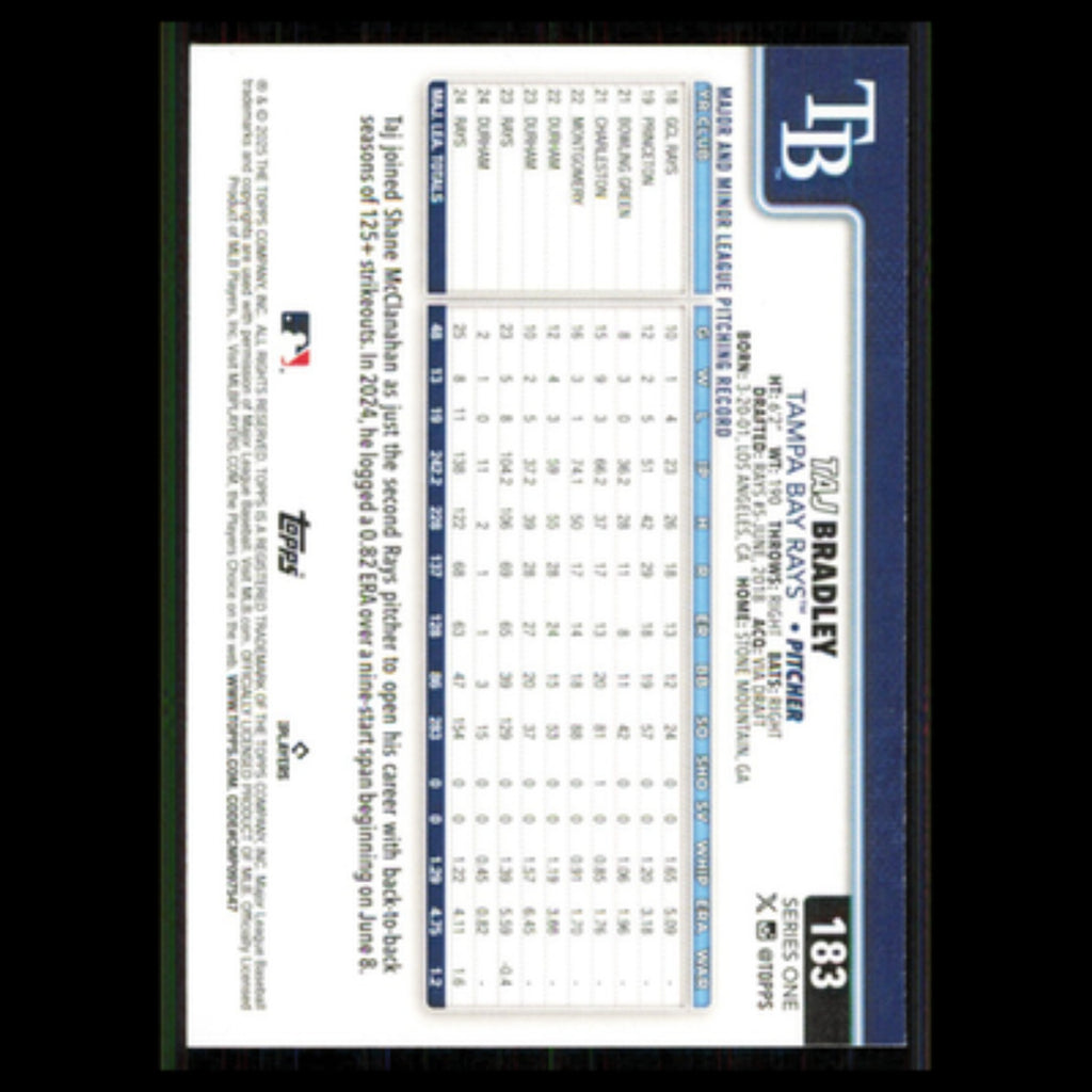 Taj Bradley #183 2025 Topps Tampa Bay Rays Baseball Card MLB NM