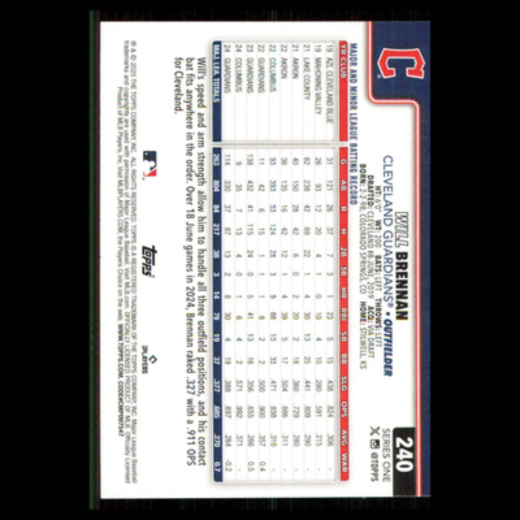 Will Brennan #240 2025 Topps Cleveland Guardians Baseball Card MLB NM