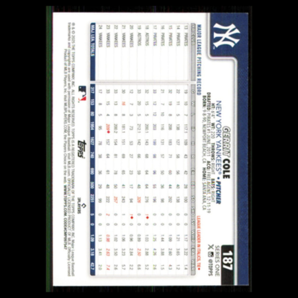 Gerrit Cole #187 2025 Topps New York Yankees Baseball Card MLB NM