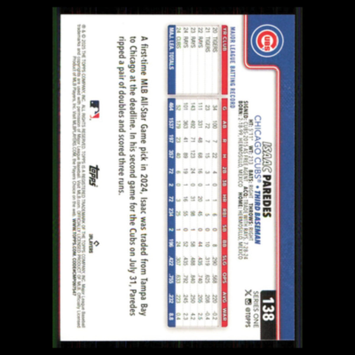Isaac Paredes #138 2025 Topps Chicago Cubs Baseball Card MLB NM