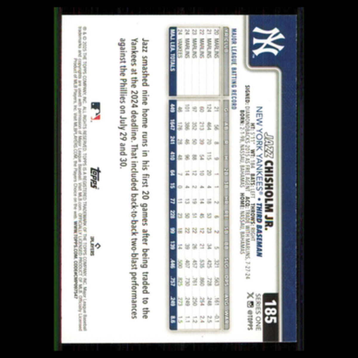 Jazz Chisholm Jr. #185 2025 Topps New York Yankees Baseball Card MLB NM