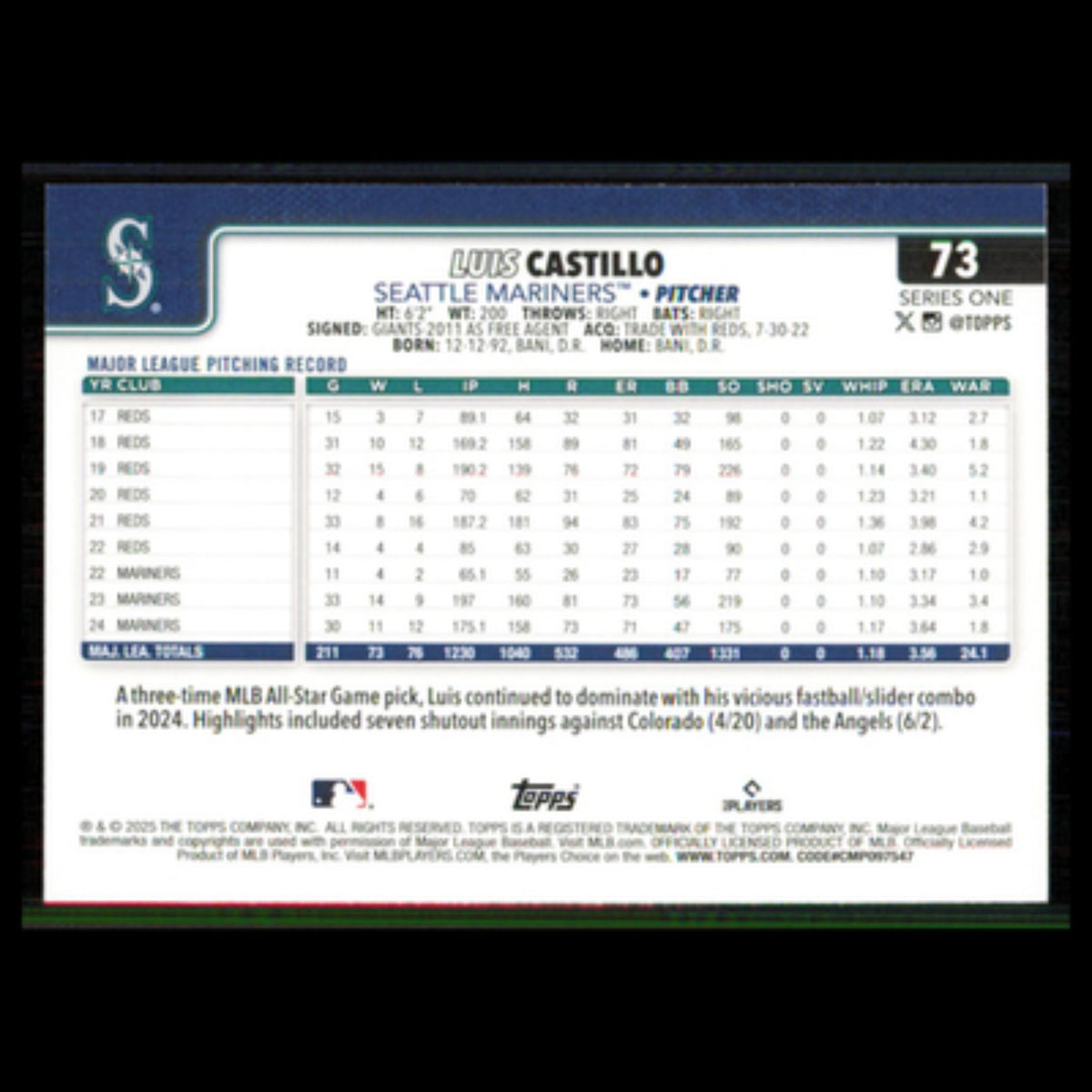 Luis Castillo #73 2025 Topps Seattle Mariners Baseball Card MLB NM