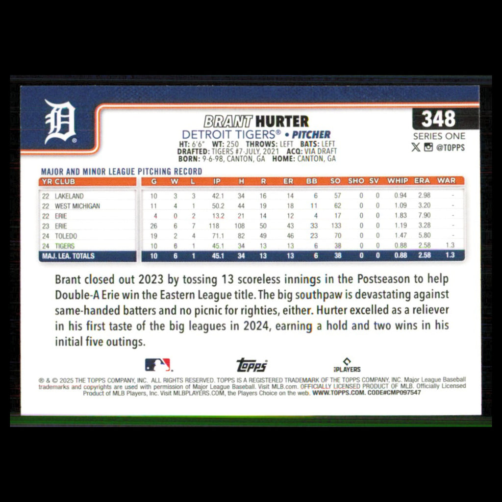 Brant Hurter Rookie #348 2025 Topps Detroit Tigers Baseball Card MLB NM