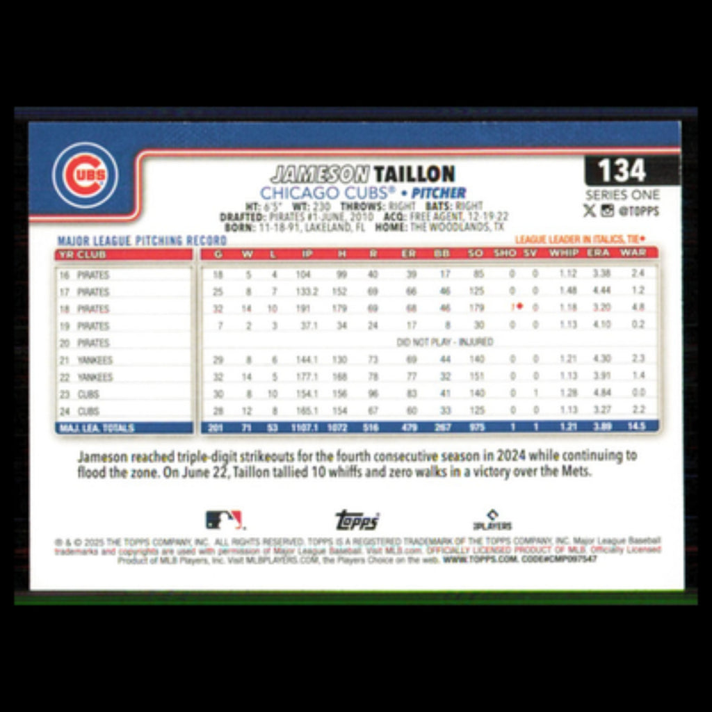 Jameson Taillon #134 2025 Topps Chicago Cubs Baseball Card MLB NM