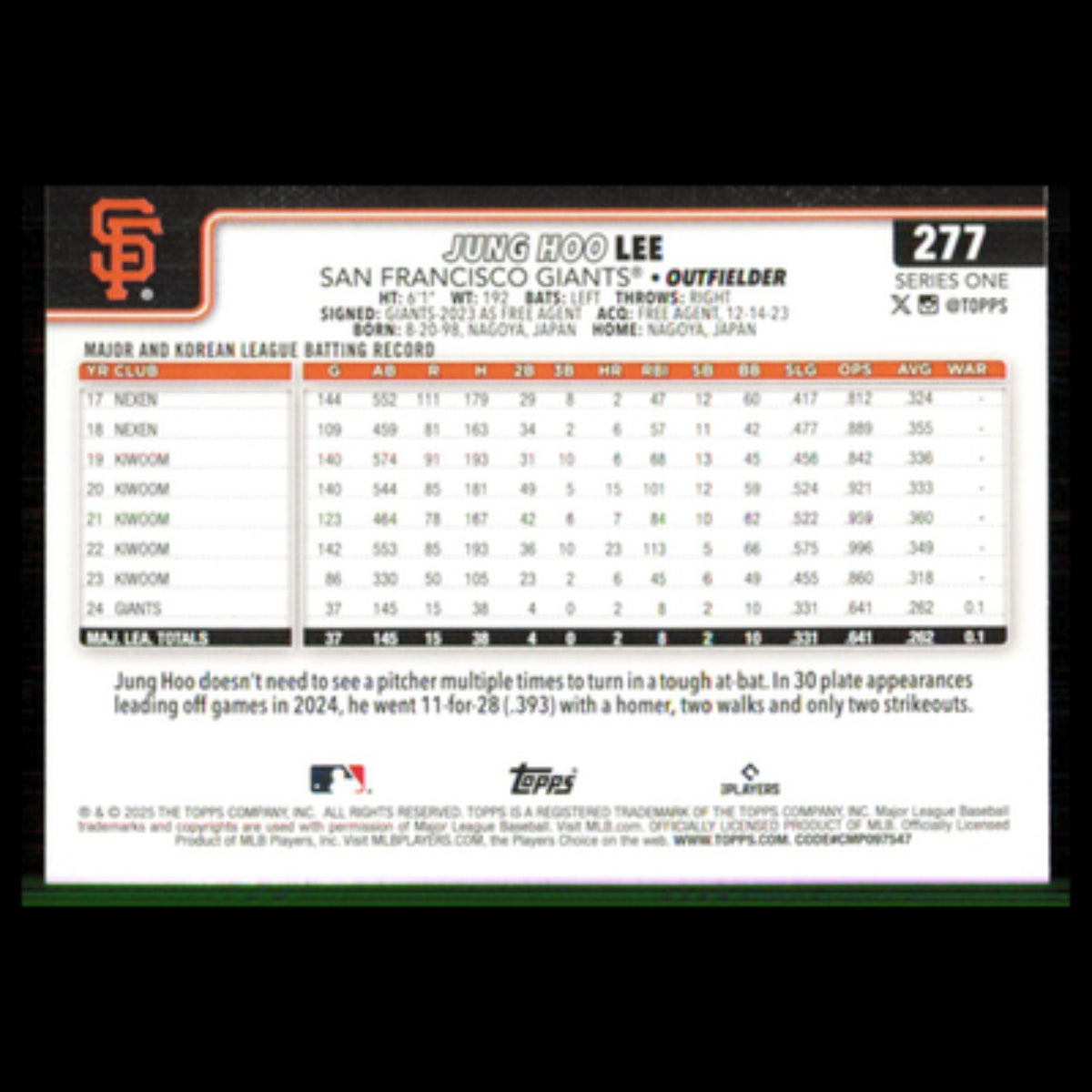 Jung Hoo Lee #277 2025 Topps San Francisco Giants Baseball Card MLB NM