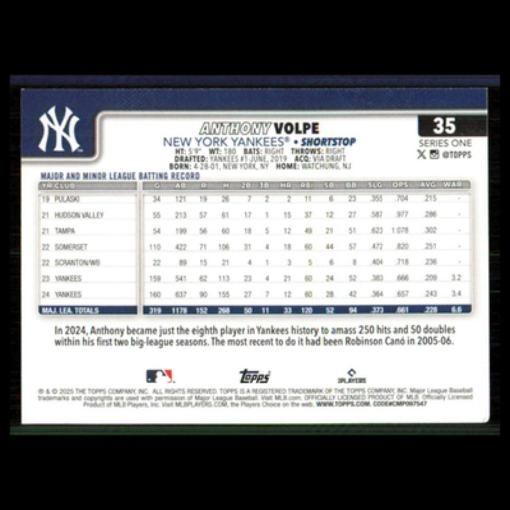 Anthony Volpe #35 2025 Topps New York Yankees Baseball Card MLB NM