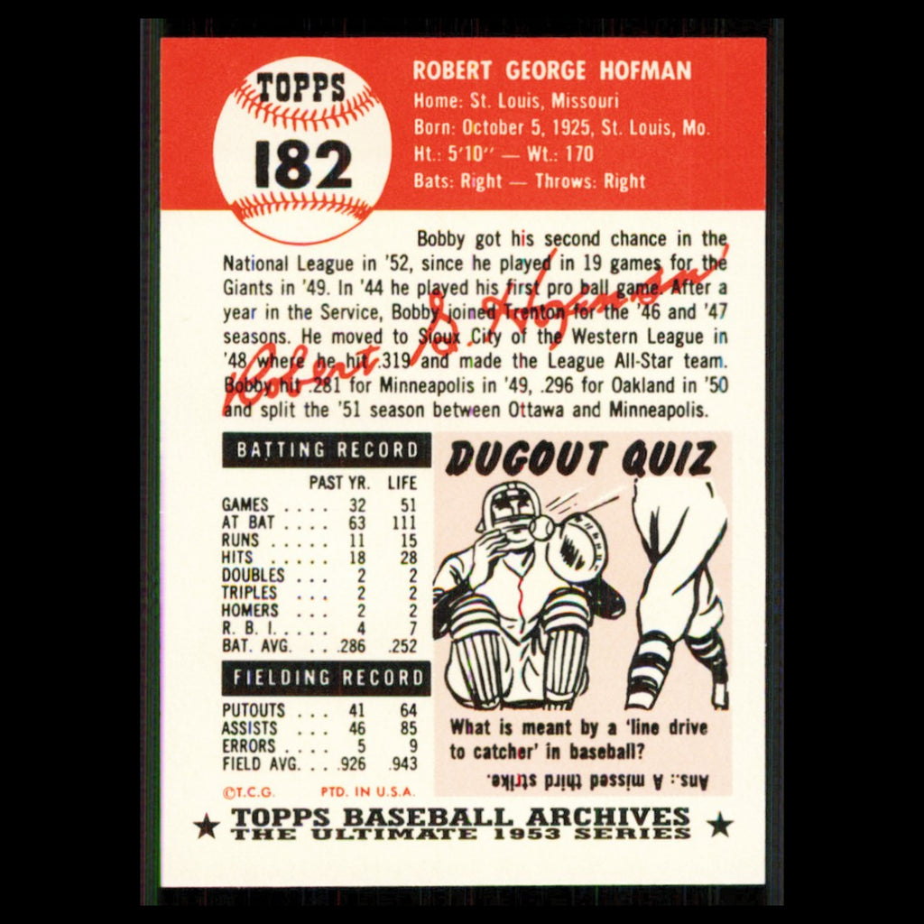 Bobby Hofman #182 1991 Topps Archives 1953 New York Giants Baseball Card MLB NM