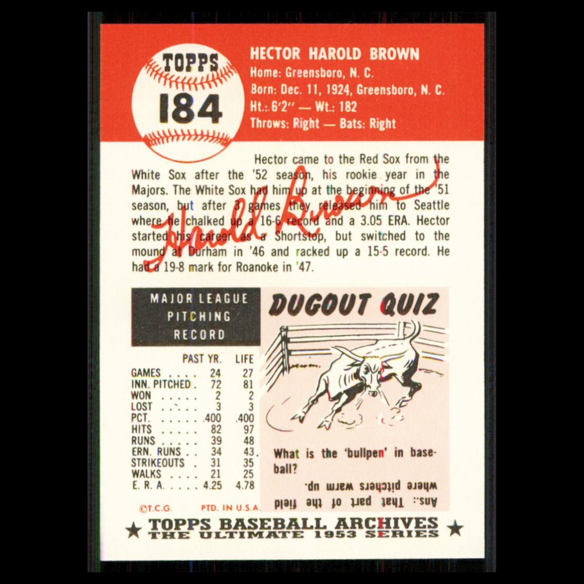 Hal Brown #184 1991 Topps Archives 1953 Boston Red Sox Baseball Card MLB NM