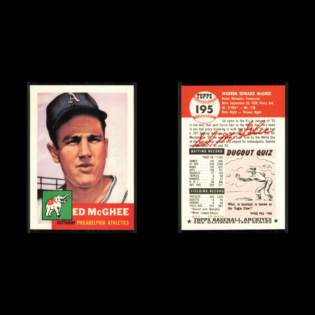 Ed McGhee #195 1991 Topps Archives 1953 Philadelphia Athletics Baseball Card MLB