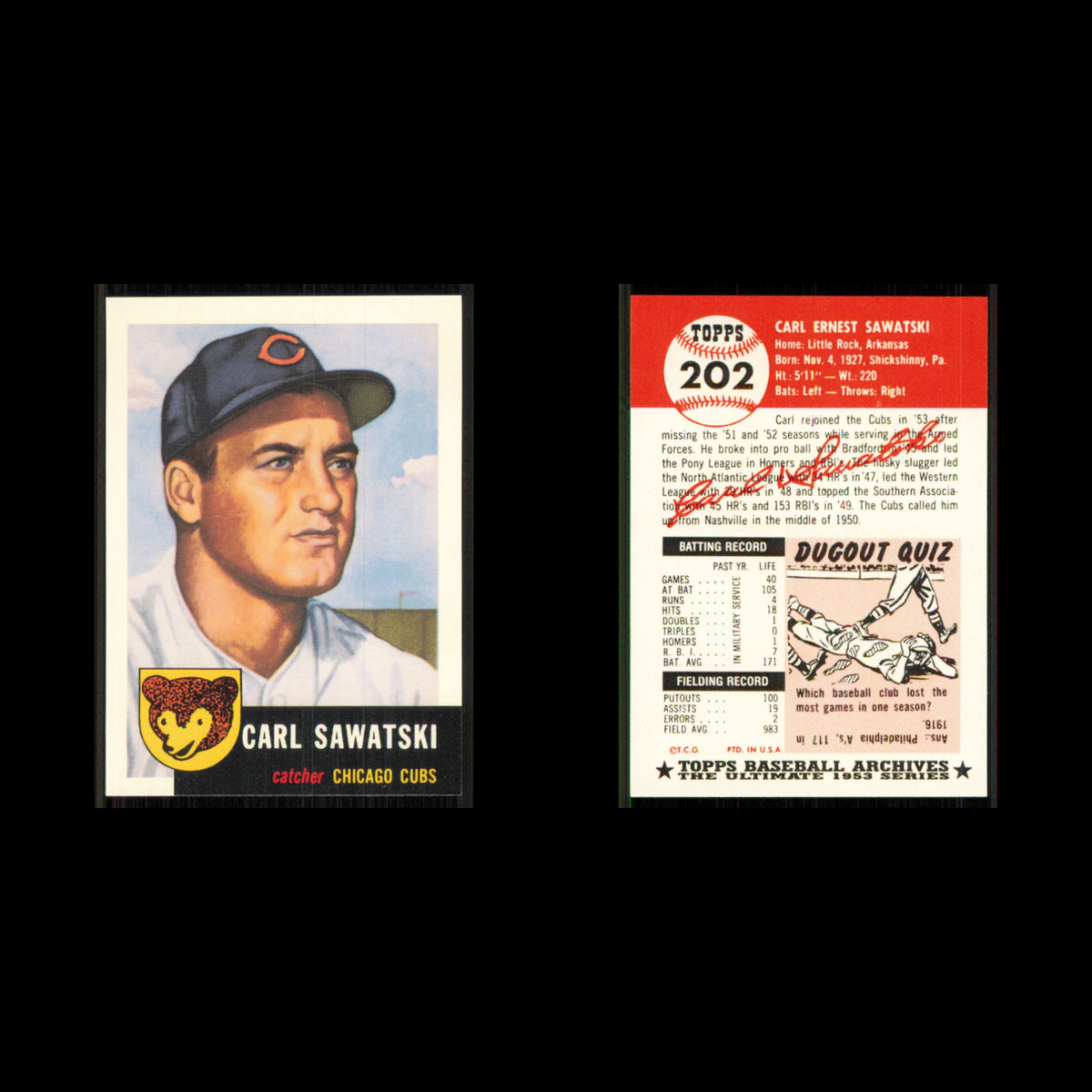 Carl Sawatski #202 1991 Topps Archives 1953 Chicago Cubs Baseball Card MLB NM