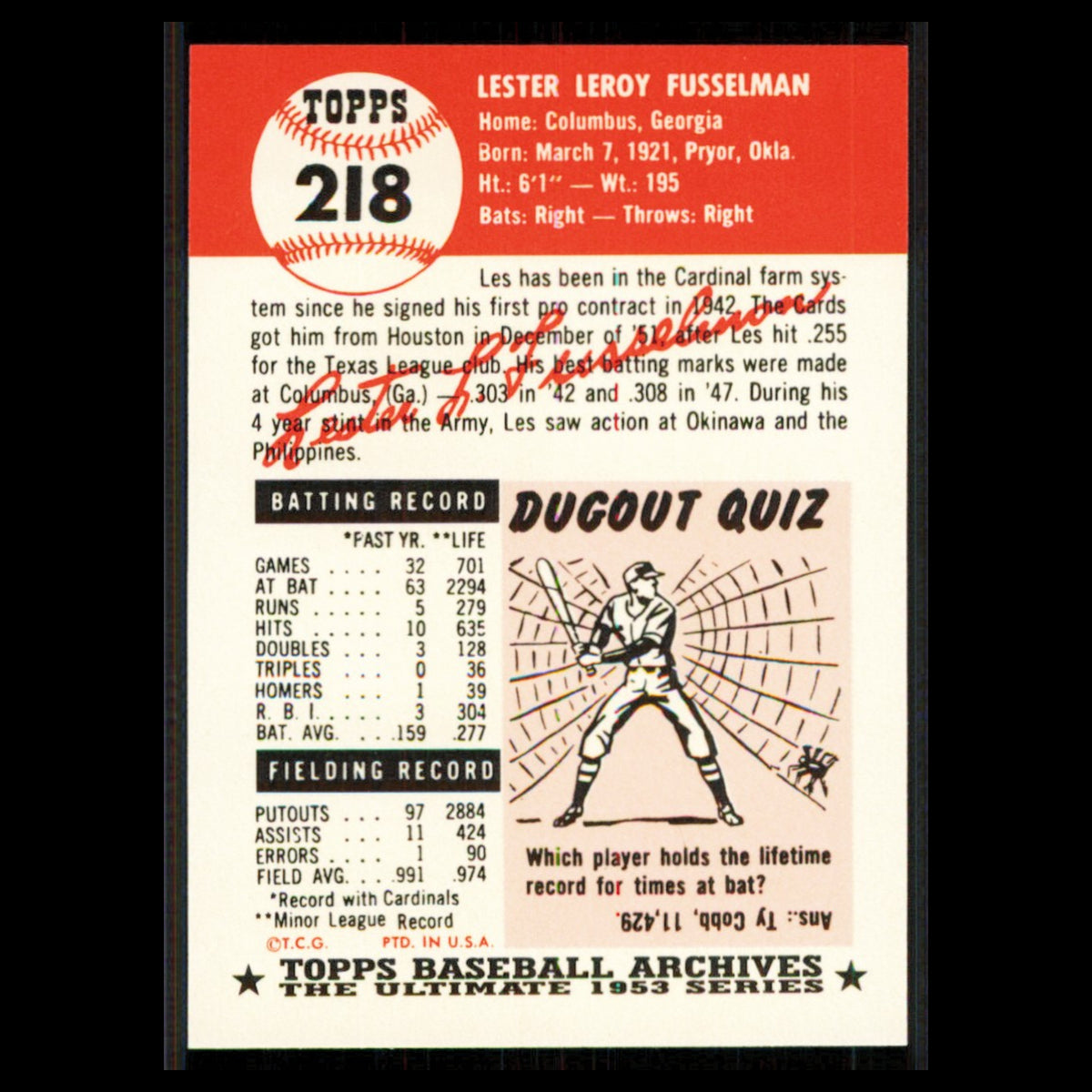 Les Fusselman #218 1991 Topps Archives 1953 St. Louis Cardinals Baseball Card NM