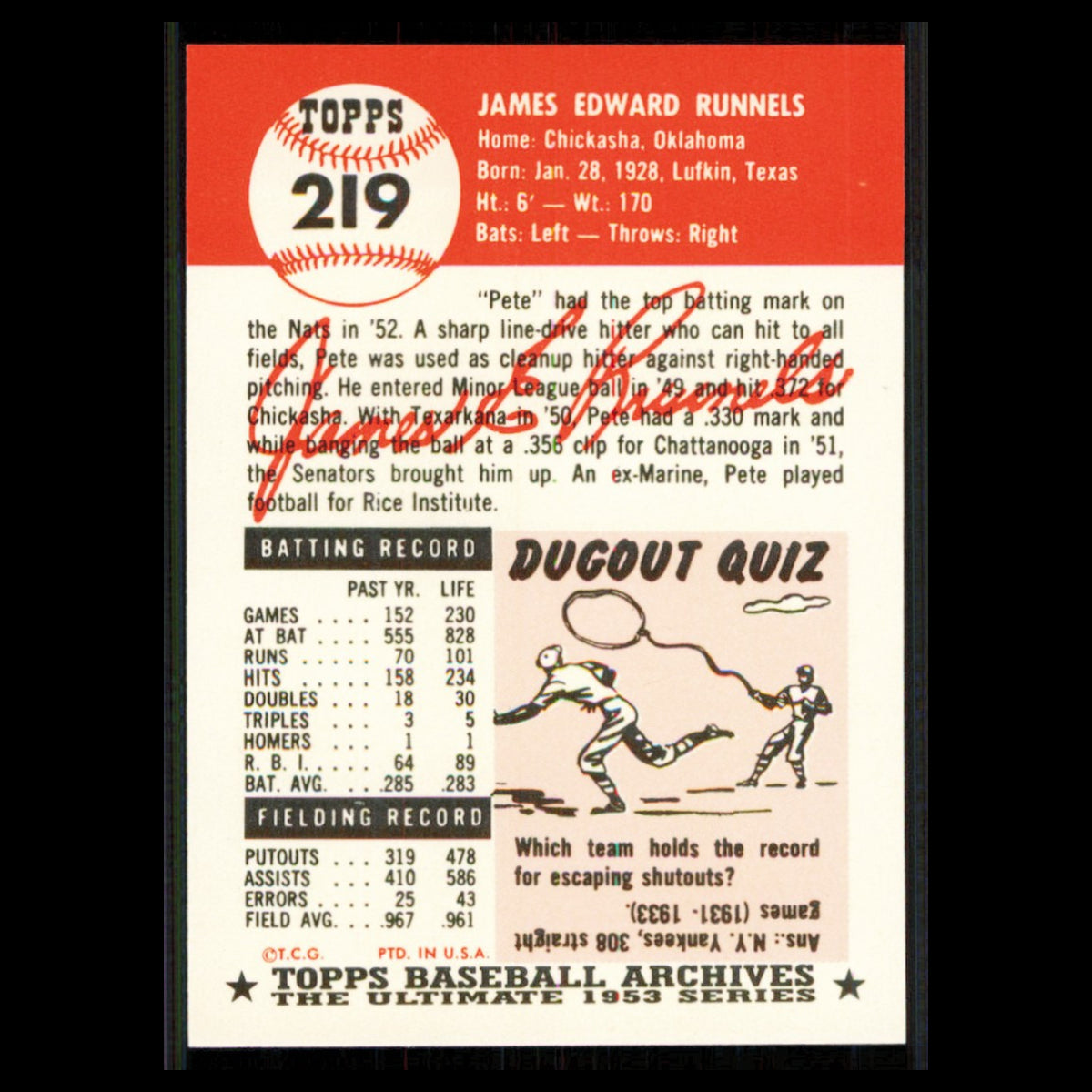 Pete Runnels #219 1991 Topps Archives 1953 Washington Senators Baseball Card MLB