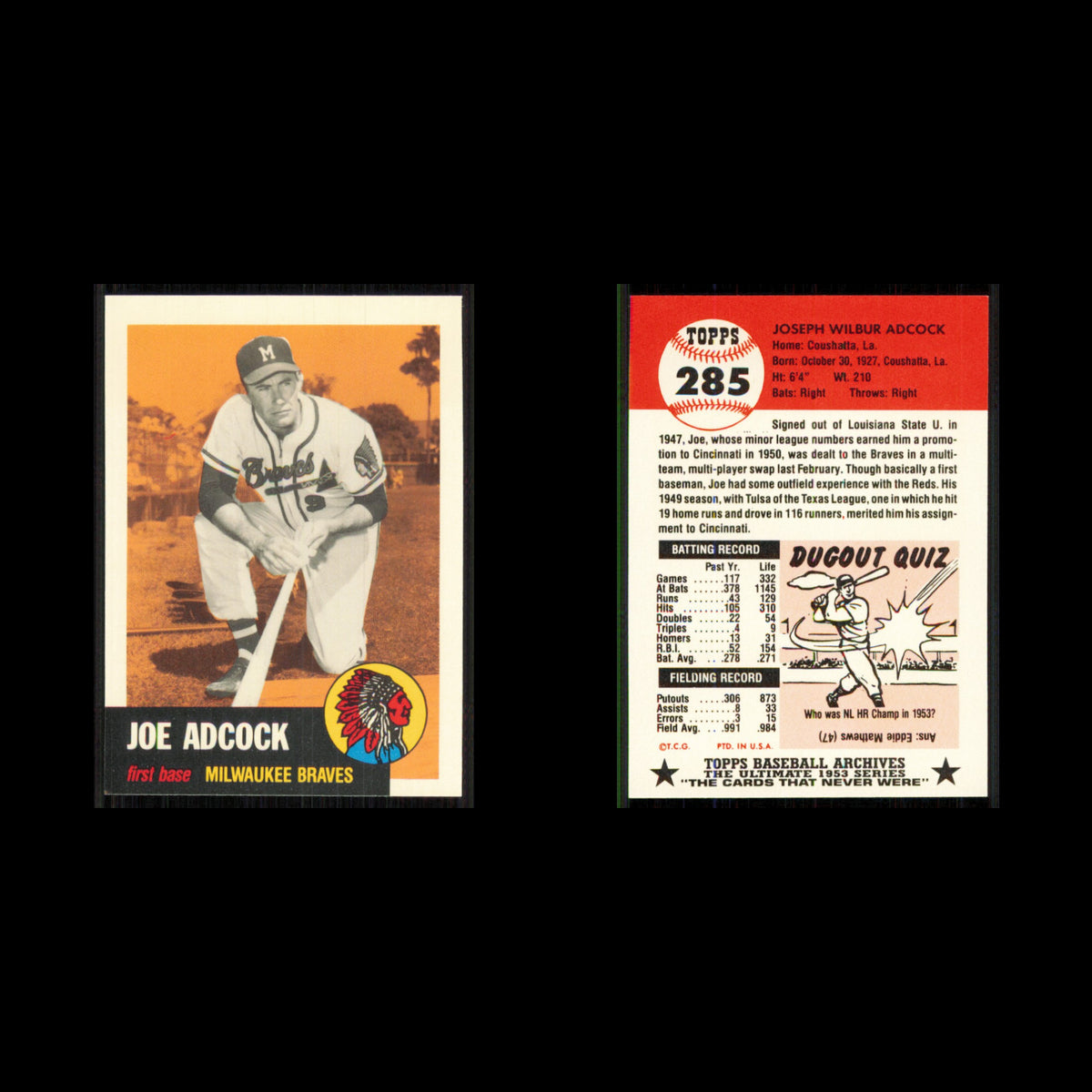 Joe Adcock #285 1991 Topps Archives 1953 Milwaukee Braves Baseball Card MLB NM