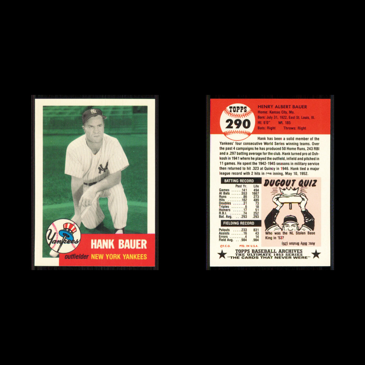 Hank Bauer #290 1991 Topps Archives 1953 New York Yankees Baseball Card MLB NM