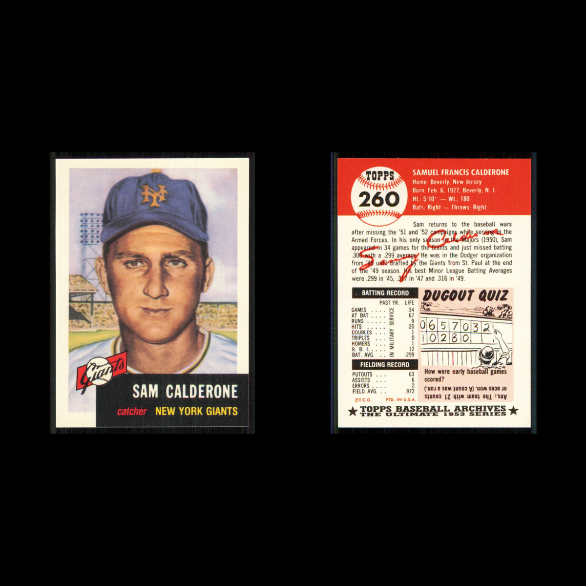 Sam Calderone #260 1991 Topps Archives 1953 New York Giants Baseball Card MLB NM
