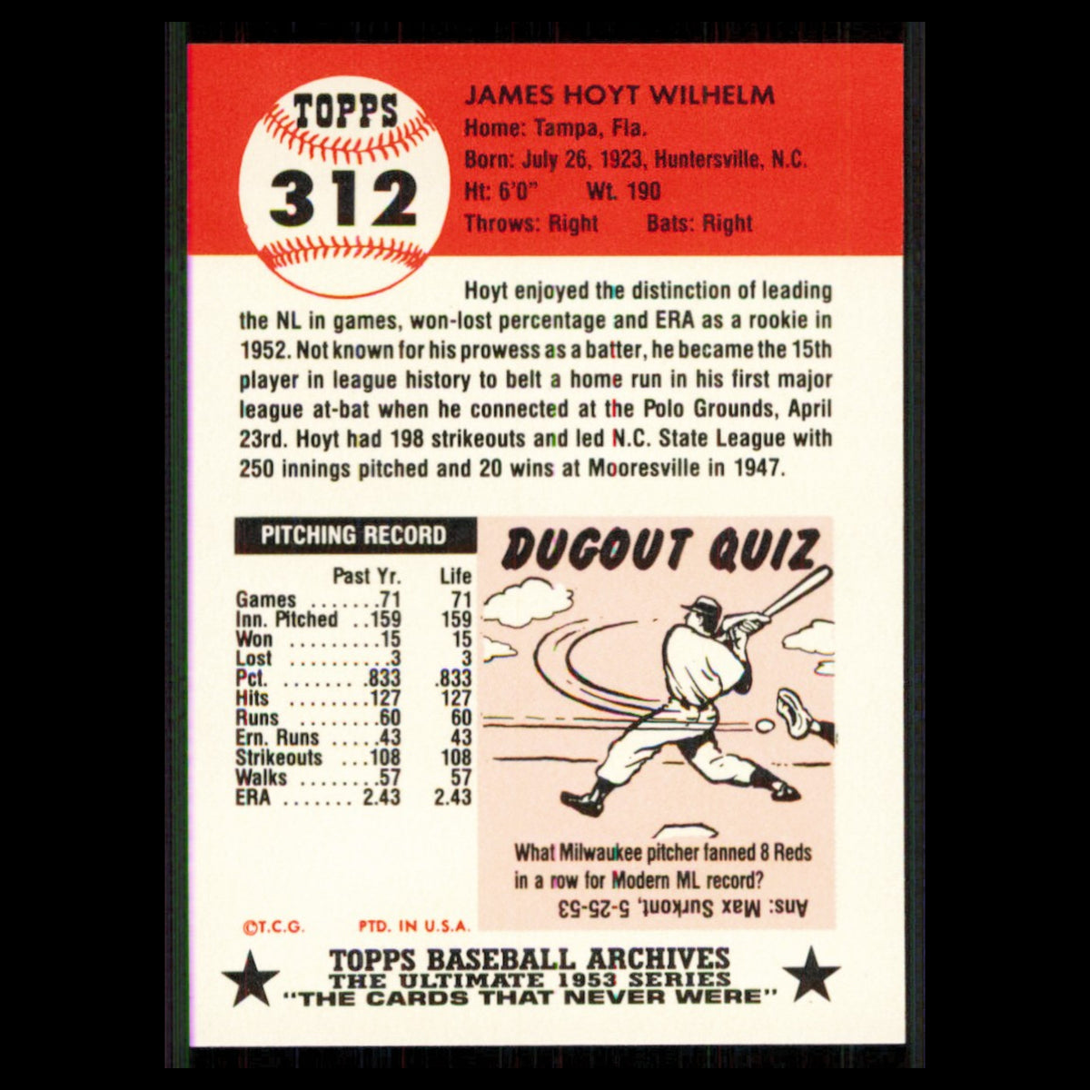 Hoyt Wilhelm #312 1991 Topps Archives 1953 New York Giants Baseball Card MLB NM