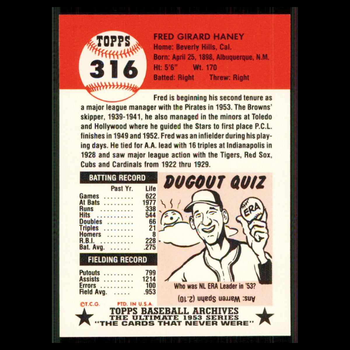 Fred Haney #316 1991 Topps Archives 1953 Pittsburgh Pirates Baseball Card MLB NM