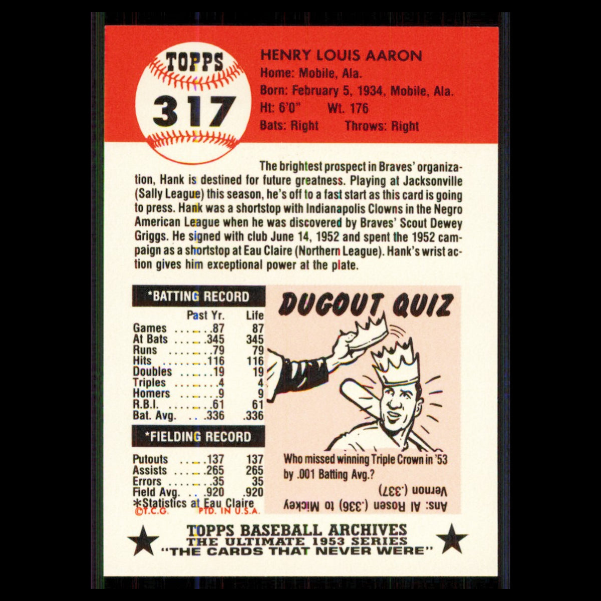 Hank Aaron #317 1991 Topps Archives 1953 Milwaukee Braves Baseball Card MLB NM