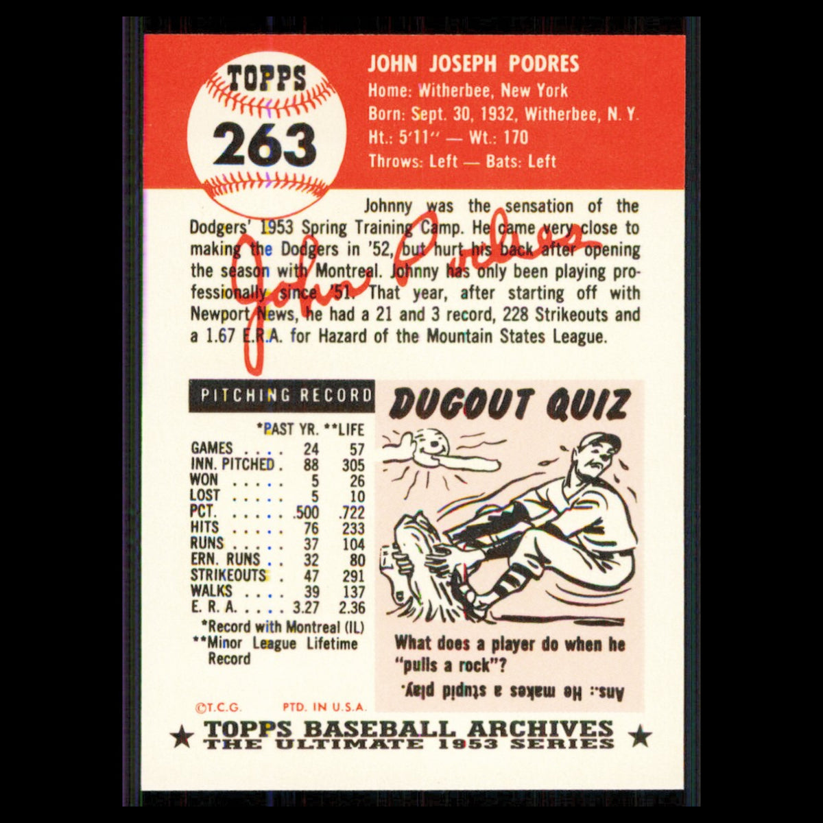 Johnny Podres #263 1991 Topps Archives 1953 Brooklyn Dodgers Baseball Card MLB