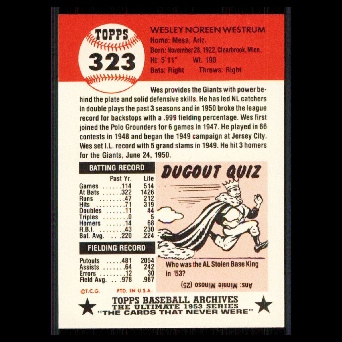 Wes Westrum #323 1991 Topps Archives 1953 New York Giants Baseball Card MLB NM
