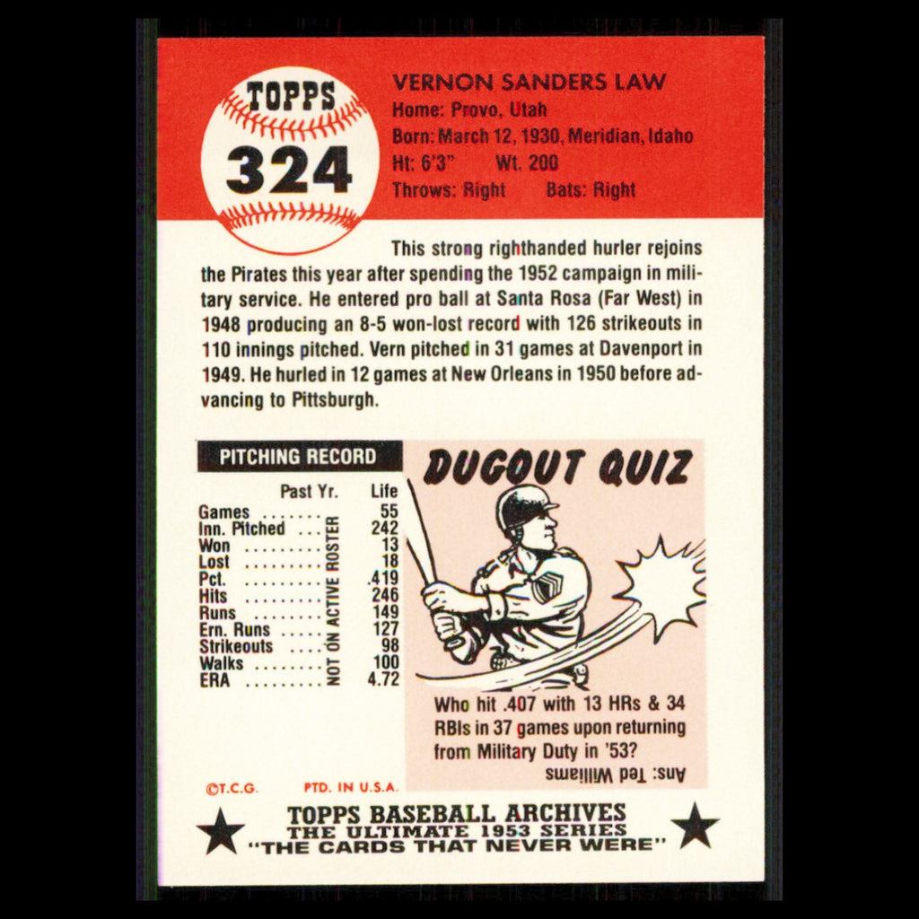 Vern Law #324 1991 Topps Archives 1953 Pittsburgh Pirates Baseball Card MLB NM