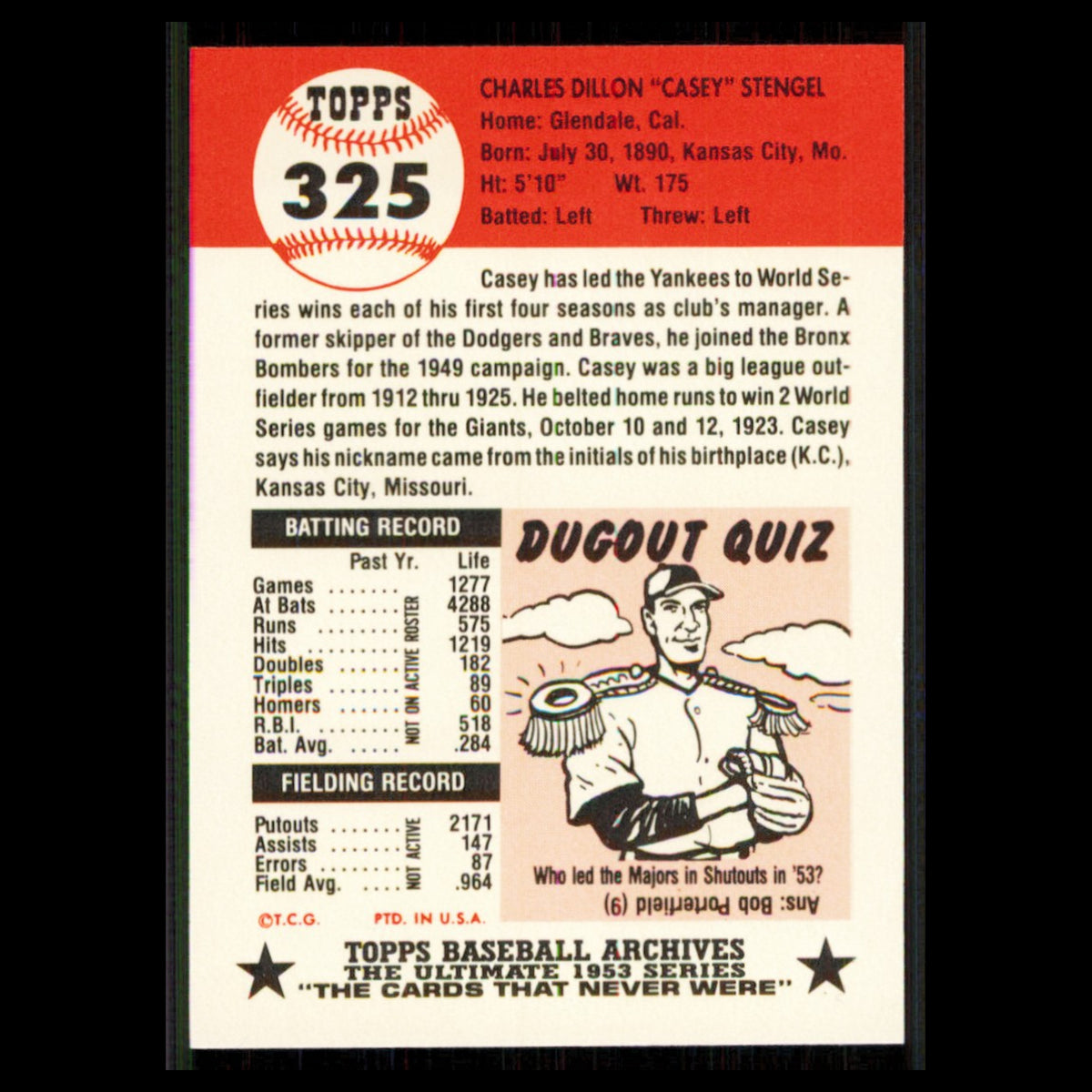 Casey Stengel #325 1991 Topps Archives 1953 New York Yankees Baseball Card MLB