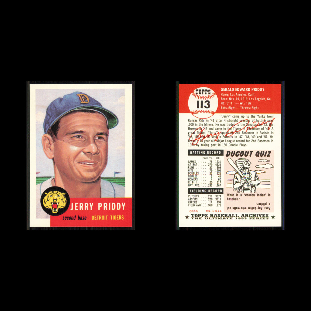 Jerry Priddy #113 1991 Topps Archives 1953 Detroit Tigers Baseball Card MLB NM