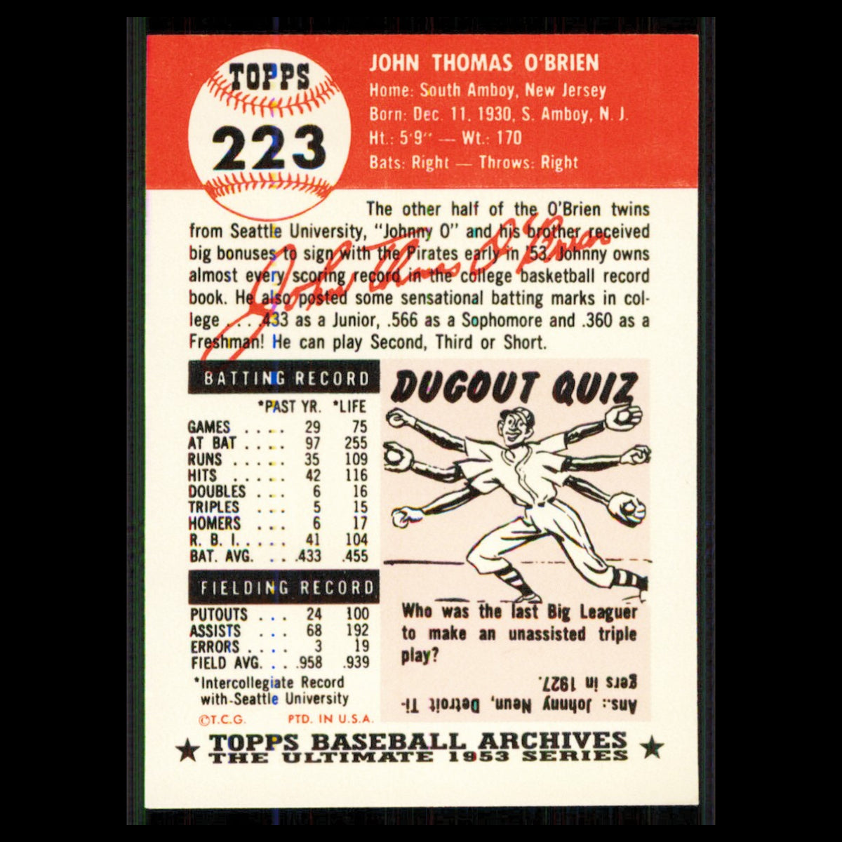 Johnny OBrien #223 1991 Topps Archives 1953 Pittsburgh Pirates Baseball Card MLB