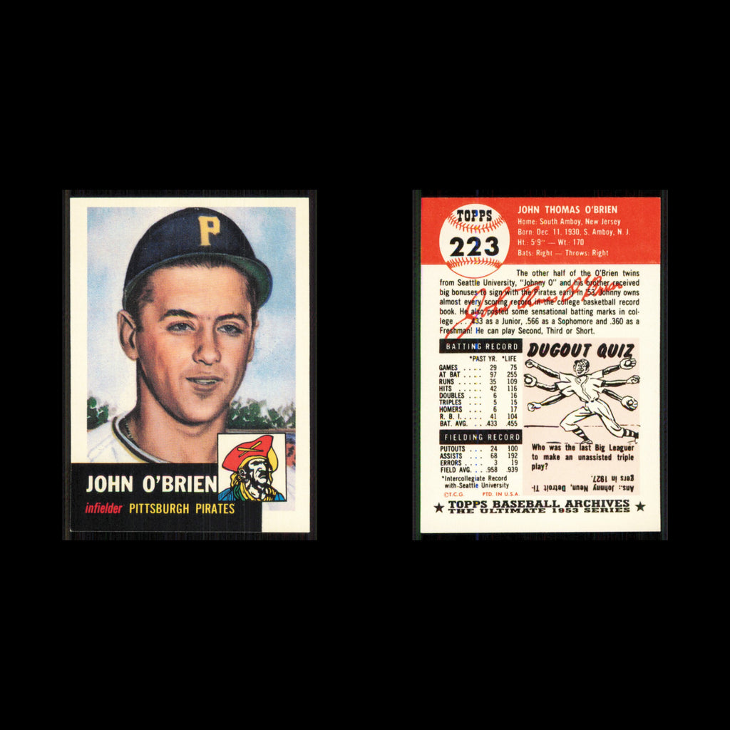 Johnny OBrien #223 1991 Topps Archives 1953 Pittsburgh Pirates Baseball Card MLB